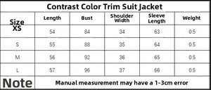 Size chart for women's contrast trim blazer with detailed bust and sleeve measurements