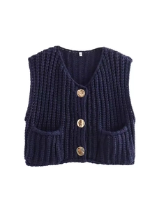 Y2K navy blue chunky knit V-neck vest with gold buttons and front patch pockets