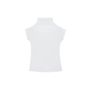 Close-up of a white mock neck sleeveless top with high elasticity and minimal design