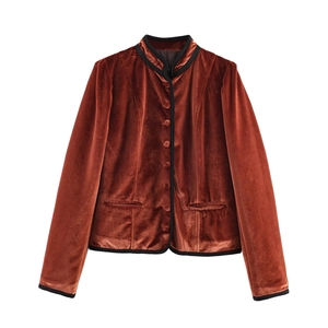 Women Vintage Velvet Jacket With Contrast Trim Stand Collar Long Sleeve Rust Red Short Blazer Streetwear Casual Outerwear