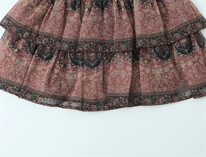 Detail of layered ruffle hem with vintage pink floral and paisley honeycomb prints