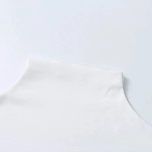 Detail shot of the clean mock neck design on a white slim-fit short sleeve T-shirt