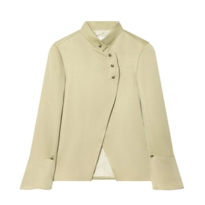 Women Elegant Asymmetric Blazer Jacket Stand Collar Metal Buttons Wide Cuffs Vintage Commuter Short Coat Spring Autumn