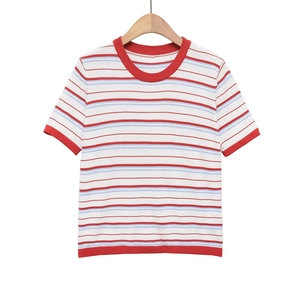 Women Vintage Rainbow Striped Knit T-Shirt Round Neck Short Sleeve Top Red Ribbed Edges Casual Preppy Summer Knitwear