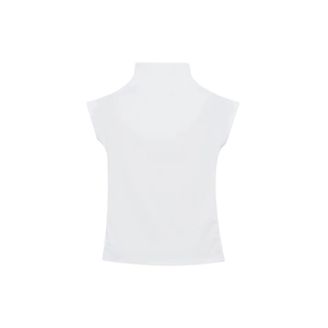 Close-up of white high neck sleeveless top with slim fit cut and premium cotton fabric
