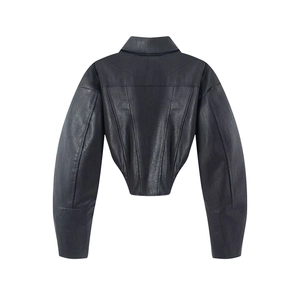 Detailed back view of a black faux leather cropped jacket with hourglass waist tailoring