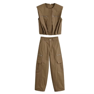 Women Sleeveless Zipper Cargo Vest And Barrel Pants Polyester High Waist Multi Pockets Casual Streetwear Top And Bottom