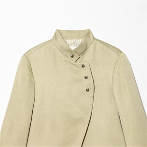 Elegant olive green linen blazer with asymmetrical high collar and embossed metal buttons