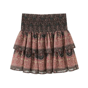 Women Bohemian Paisley Print Smocked High Waist Layered Ruffle Mini Skirt Casual Chiffon Polyester Cake Skirt Summer Beach Holiday