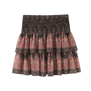 Bohemian paisley tiered ruffle skirt with smocked high waist in deep burgundy red