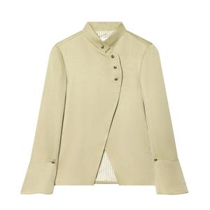 Elegant olive green high-neck blazer jacket with asymmetrical bronze button closure