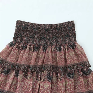 Women's sexy boho floral print mini skirt with smocked waist and tiered ruffles