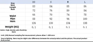 Detailed size chart for slim fit satin halter dress showing measurements from XS to L