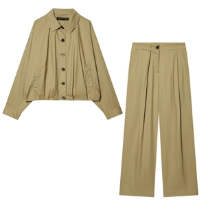 Veste Femme Décontractée Kaki en Polyester et Pantalon Large Plissé Couleur Unie Streetwear Mode Haut et Bas
