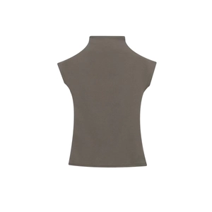 Slim fit taupe high-neck sleeveless knit top with elegant shoulder coverage for women