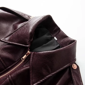 Detail of burgundy patent leather jacket collar with embossed lion metal buttons
