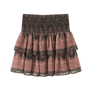 Bohemian floral print tiered mini skirt with smocked elastic high waist and ruffles