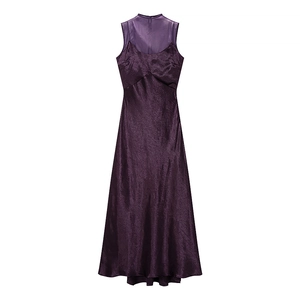 Élégante Robe Maxi en Satin et Mesh Patchwork Violette Sans Manches Sexy Taille Haute Robe Longue de Soirée Fête Femme