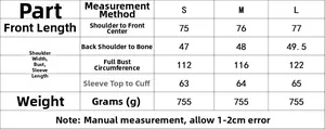 Detailed sizing chart with measurements for women's oversized blazer jacket