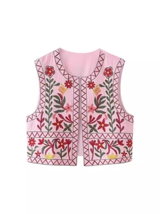 Women Bohemian Embroidery Floral Vest Jacket Short Sleeveless Open Front Cardigan Ethnic Y2K Streetwear Polyester Waistcoat Top