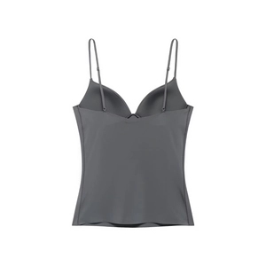 Detail view of the built-in bra cups and seamless fabric on dark grey V-neck camisole