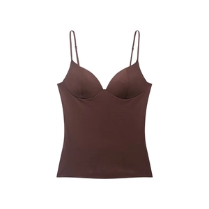 Detail of dark brown nylon blend camisole with built-in bra and slim fit design