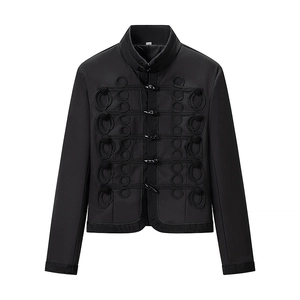 Women's short black jacket with stand collar and vintage baroque braided knot fasteners
