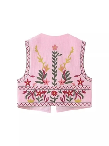 Pink Y2K cropped vest featuring detailed ethnic floral embroidery on the back