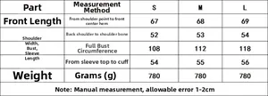 Detailed size chart for solid color lapel leather jacket with measurements in cm