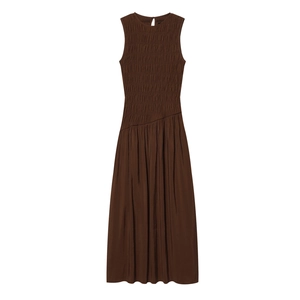Women's Fashion Smocked Sleeveless Midi Dress Polyester Pleated Round Neck Solid Coffee Sexy Party Long Tank Dress For Ladies