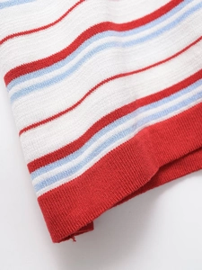 Close-up of knit rainbow striped short sleeve t-shirt showing detailed ribbed hem and weave