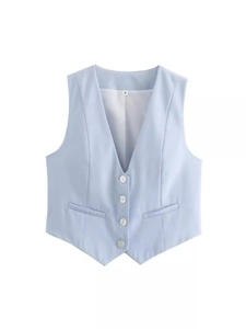 Women's Vintage V-Neck Short Suit Waistcoat Slim Fit Single Breasted Sleeveless Vest Jacket Office Lady Workwear Top