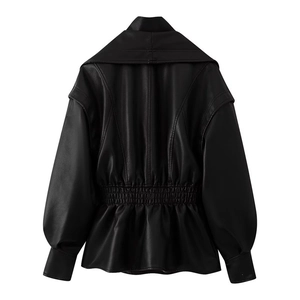 Rear view detail of black PU leather jacket featuring elastic waist and puff sleeves