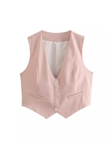 Pink women's V-neck tailored suit vest with four white buttons on a plain white background