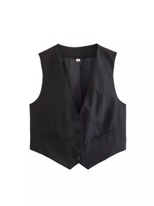 Classic black V-neck fitted waistcoat for women featuring four buttons and a cropped design