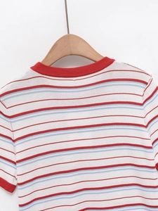 Detail of retro rainbow striped knit T-shirt with red ribbed neckline and fine texture