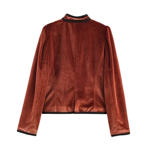 Women's street fashion velvet jacket in caramel brown with black trim and glossy finish