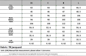 Detailed size chart for pinstripe blazer set showing XS to L measurements in cm