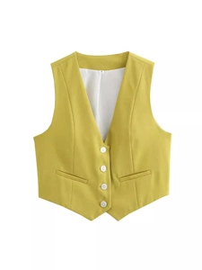 Mustard yellow V-neck formal vest for women with four pearl buttons and sleek lining