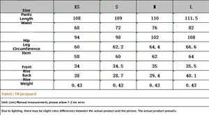 Detailed size chart for pinstripe suit trousers including waist, hip, and length measurements