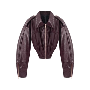 Women's vintage burgundy cropped faux leather biker jacket with glossy finish and zip details