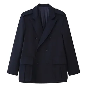 Women Navy Blue Double Breasted Blazer With Epaulettes And Large Pockets Loose Fit Elegant Long Sleeve Office Jacket