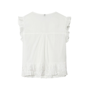 Women's white sleeveless blouse with ruffled shoulders and delicate lace hem trim