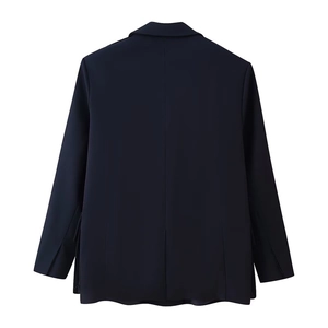 Elegant navy blue blazer for women featuring a structured back view with vent detail
