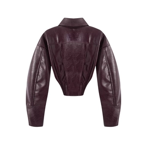 Women's vintage burgundy glossy leather cropped moto jacket with lantern sleeves