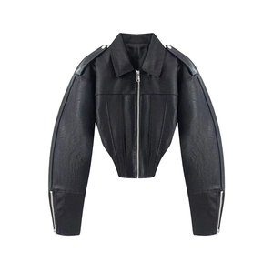 Women's vintage black shiny faux leather cropped biker jacket with silver zippers