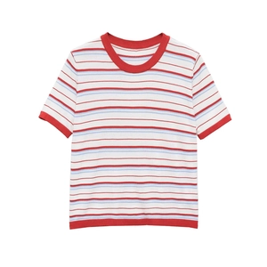 Vintage rainbow striped knit T-shirt with red ribbed trim and short sleeves on white background