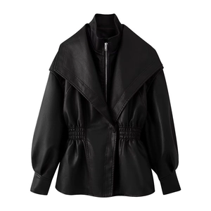 Women's elegant black PU leather jacket with chic double collar and waist-cinching detail