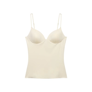 Minimalist cream nylon blend camisole top with built-in bra pads and thin straps