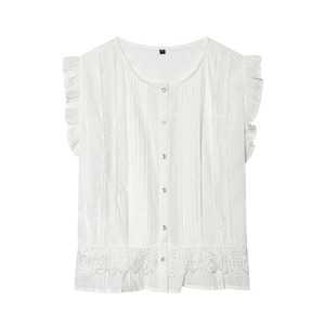 Women Sleeveless White Cotton Blouse Lace Trim Ruffle Detail Pintuck Loose Casual Shirt Elegant Streetwear Summer Top